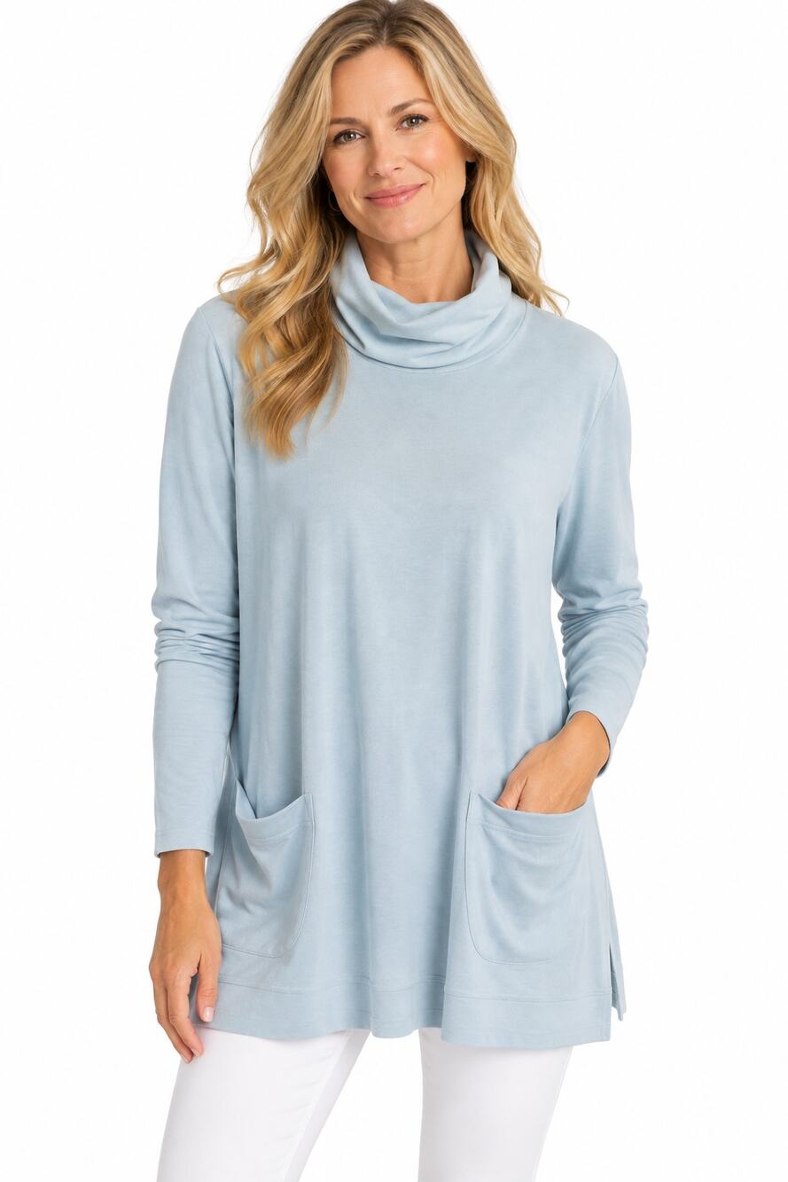 J.Jill Perfect Pima Tunic Top Sz XL Light Blue Turtleneck Pockets NWT